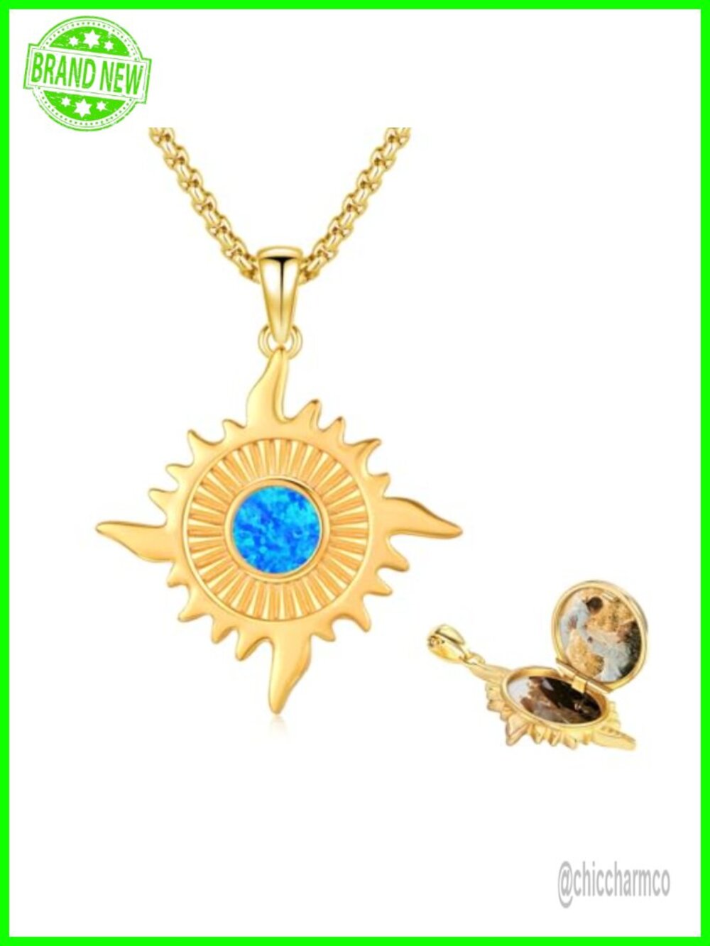 Sun Photo Locket Necklace 925 Sterling Silver 18K Gold Plated Opal